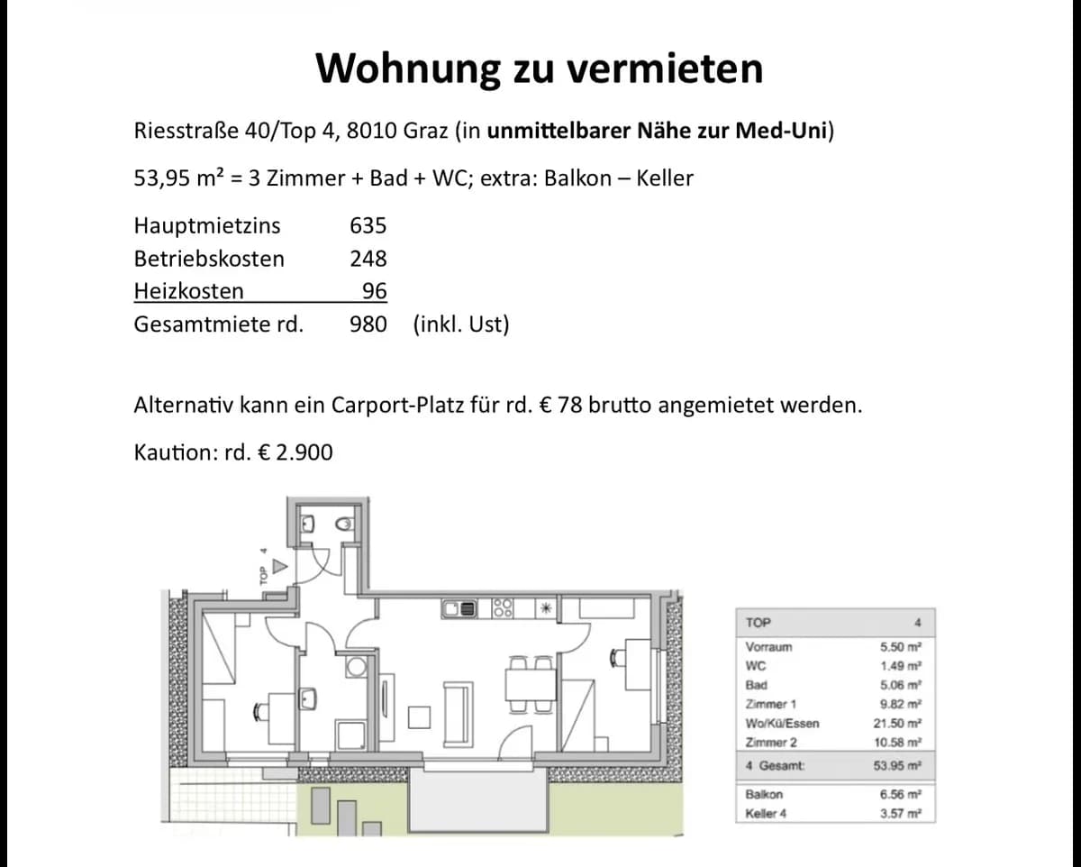 5-Zimmer-Wohnung mieten in Graz – 54 m², € 980 – Bild 8 von 8