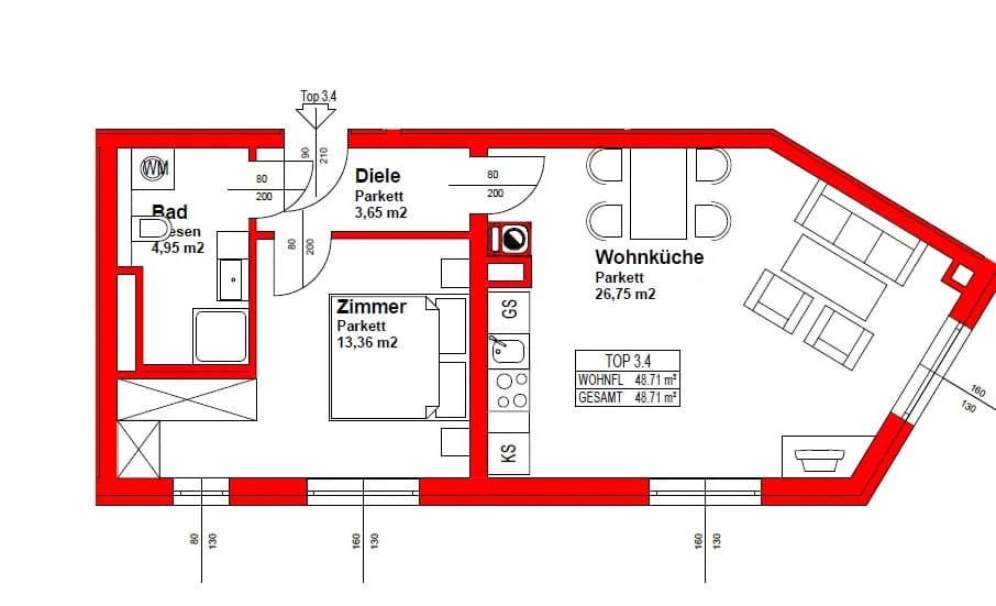 2-Zimmer-Wohnung mieten in Wien – 48,43 m², € 879