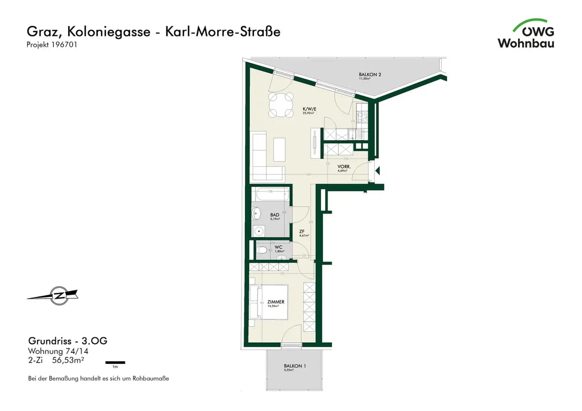 2-Zimmer-Wohnung mieten in Graz – 56,5 m², € 1.038 – Bild 5 von 5