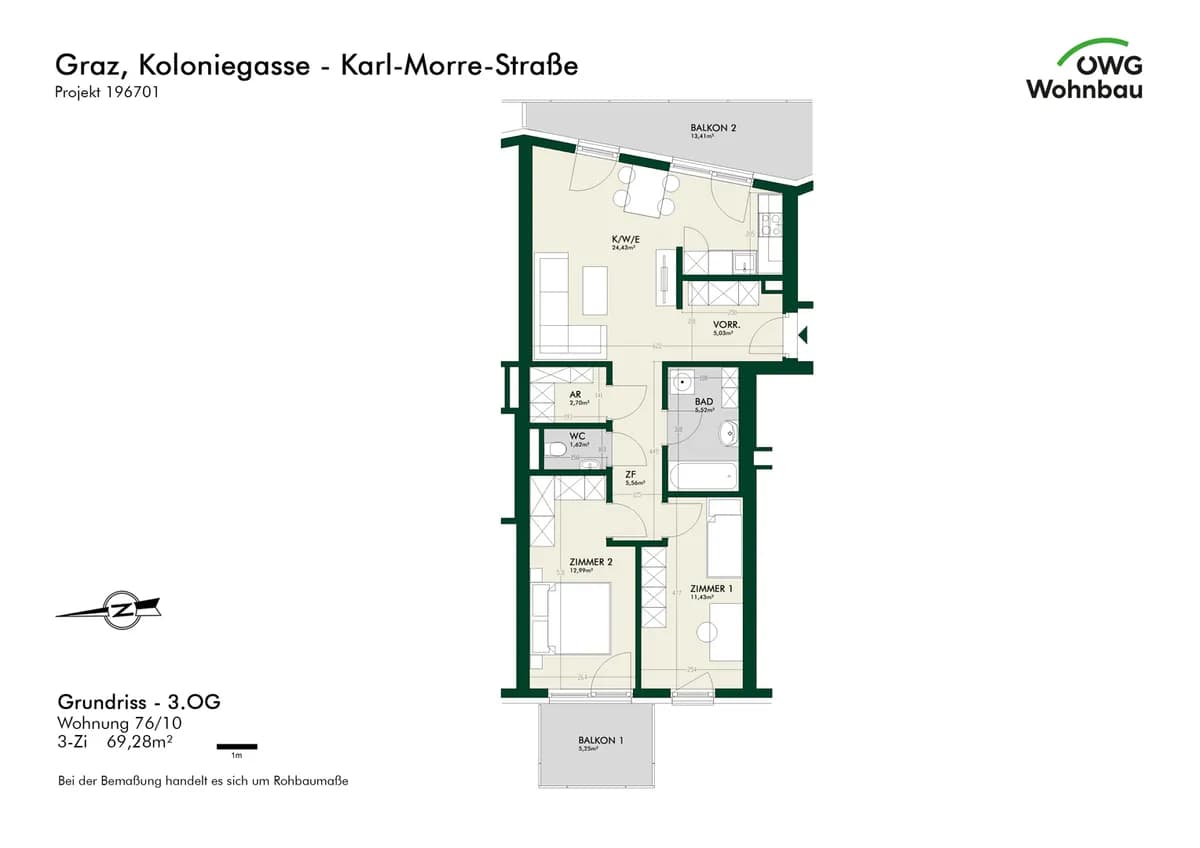 3-Zimmer-Wohnung mieten in Graz – 69,3 m², € 1.221 – Bild 5 von 5