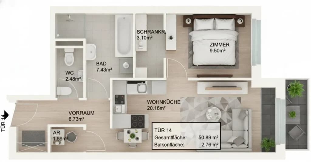 2-Zimmer-Wohnung kaufen in Wien – 50,89 m², € 299.950 – Bild 5 von 6