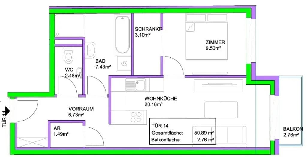 2-Zimmer-Wohnung kaufen in Wien – 50,89 m², € 299.950 – Bild 6 von 6