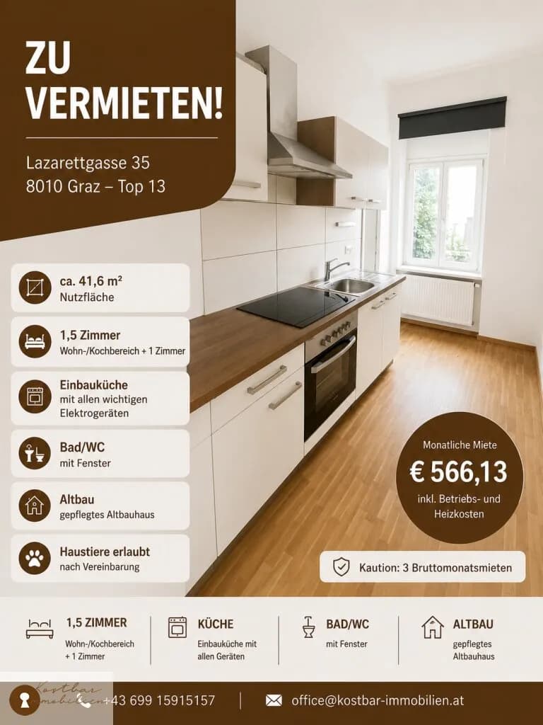 1-Zimmer-Wohnung mieten in Graz – 41,6 m², € 494