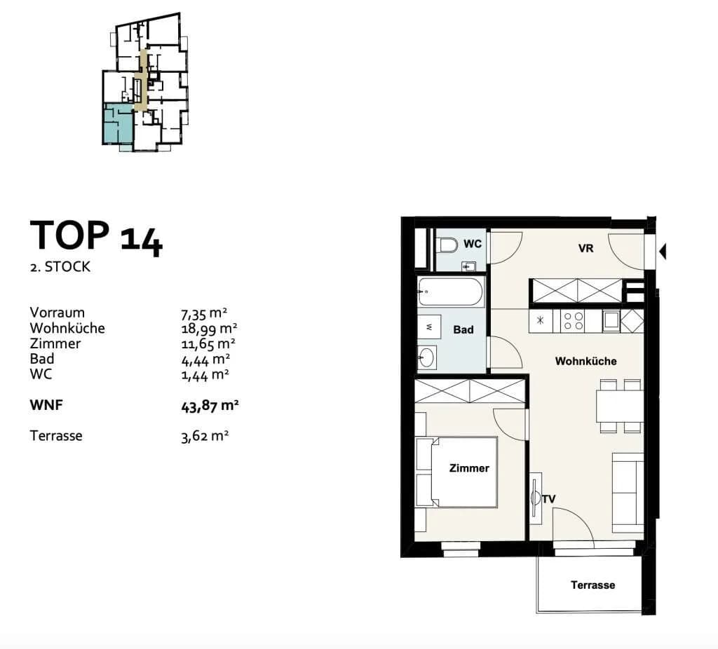 2-Zimmer-Wohnung kaufen in Wien – 43,87 m², € 299.842 – Bild 2 von 10