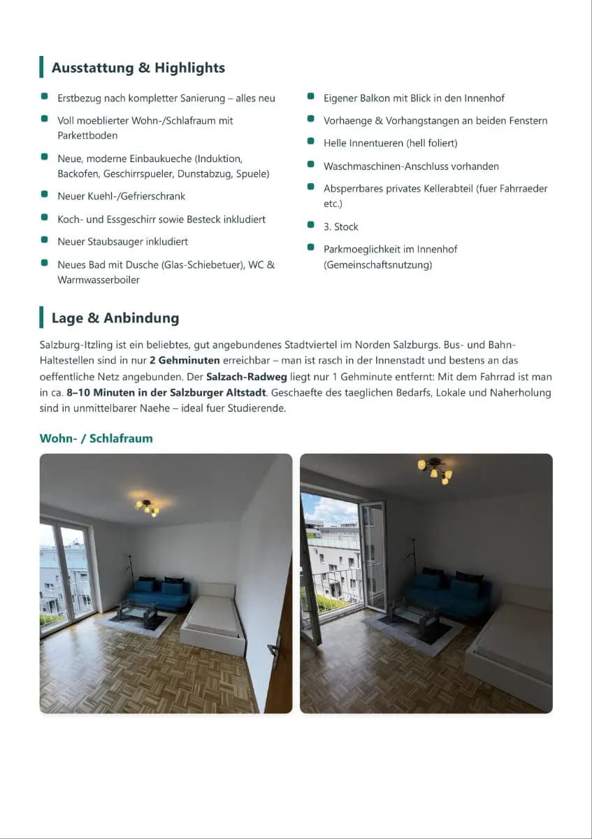 1-Zimmer-Wohnung mieten in Salzburg Stadt – 33 m², € 820 – Bild 2 von 4