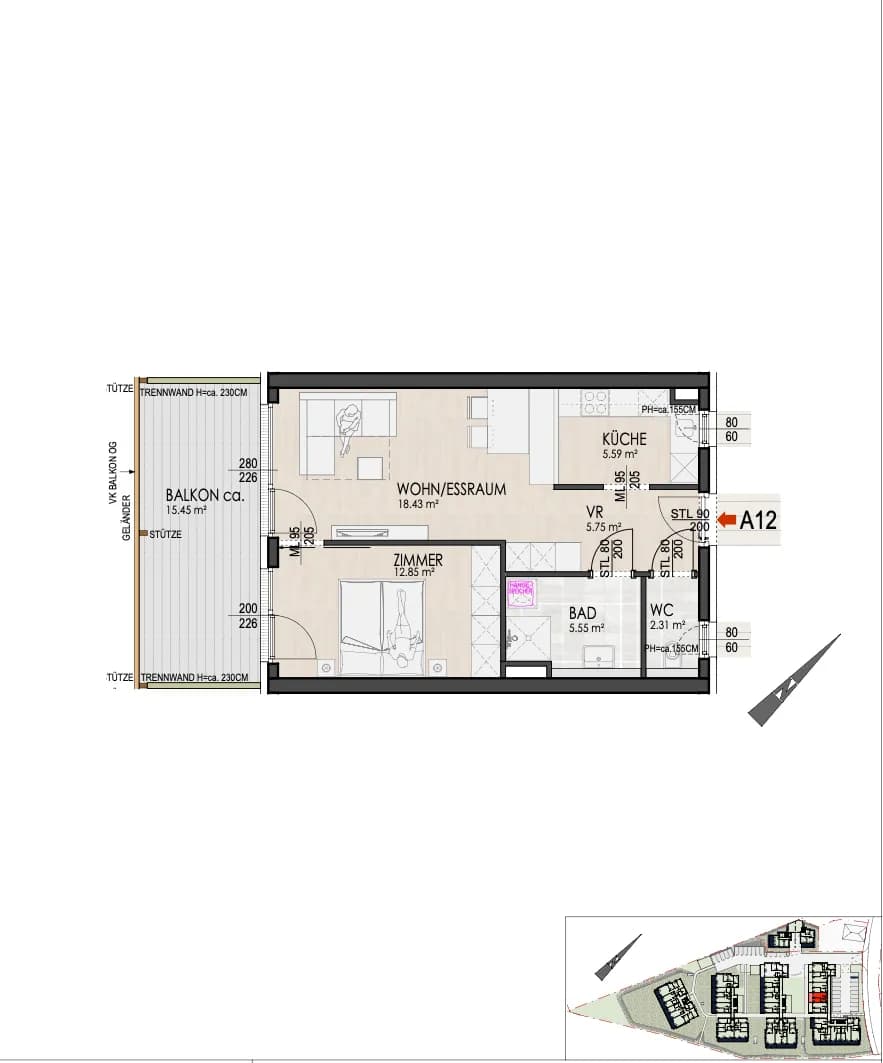 2-Zimmer-Wohnung mieten in Klagenfurt – 50 m², € 877 – Bild 1 von 3