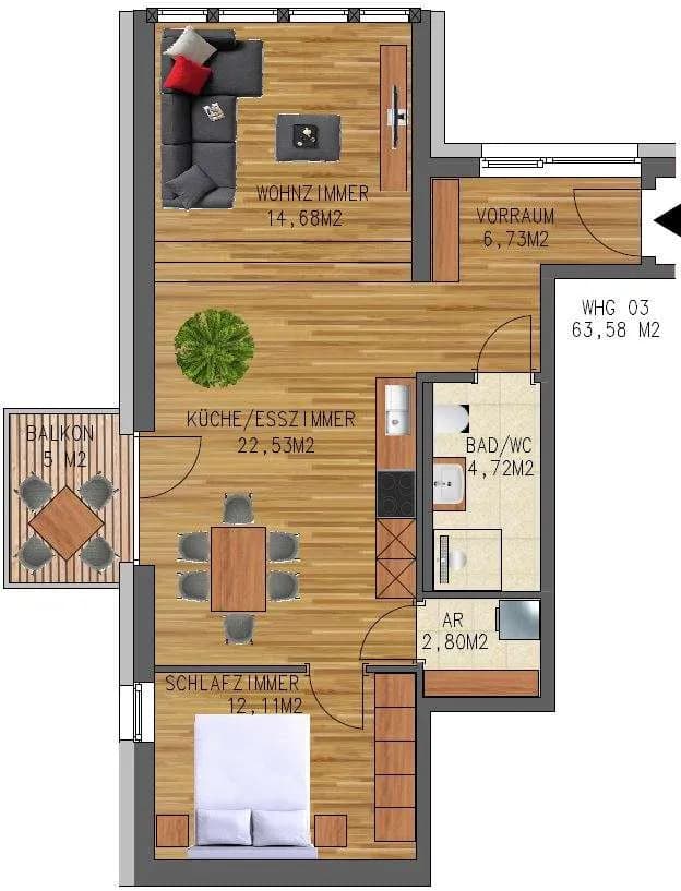 3-Zimmer-Wohnung mieten in Voitsberg – 64 m², € 615 – Bild 2 von 10