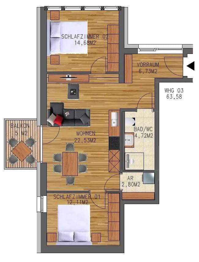 3-Zimmer-Wohnung mieten in Voitsberg – 64 m², € 615 – Bild 3 von 10