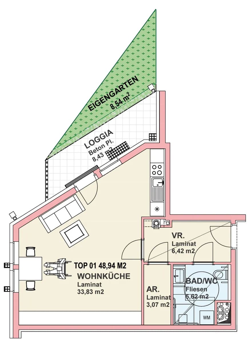 1-Zimmer-Wohnung mieten in Baden – 48,8 m², € 626 – Bild 2 von 10