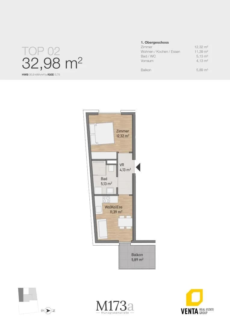 2-Zimmer-Wohnung kaufen in Graz – 32,98 m², € 189.080 – Bild 3 von 3