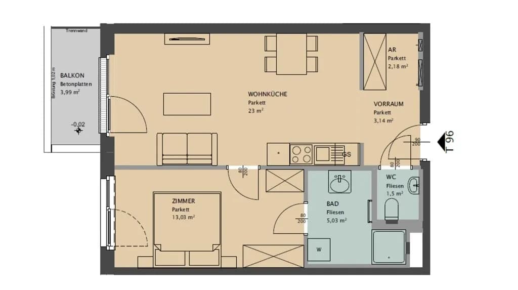 2-Zimmer-Wohnung mieten in Wien – 48 m², € 1.039 – Bild 5 von 10