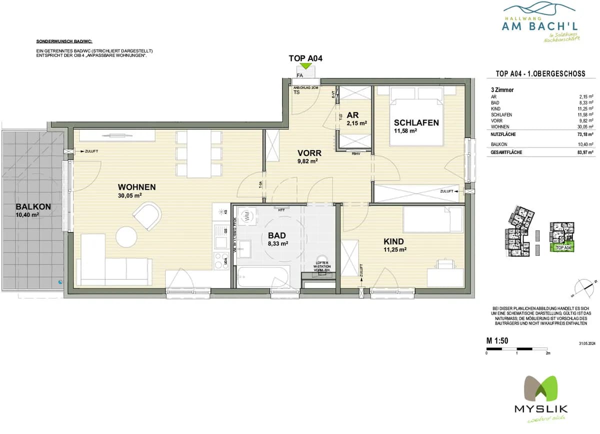 3-Zimmer-Wohnung kaufen in Salzburg-Umgebung – 73,18 m², € 509.800 – Bild 2 von 9