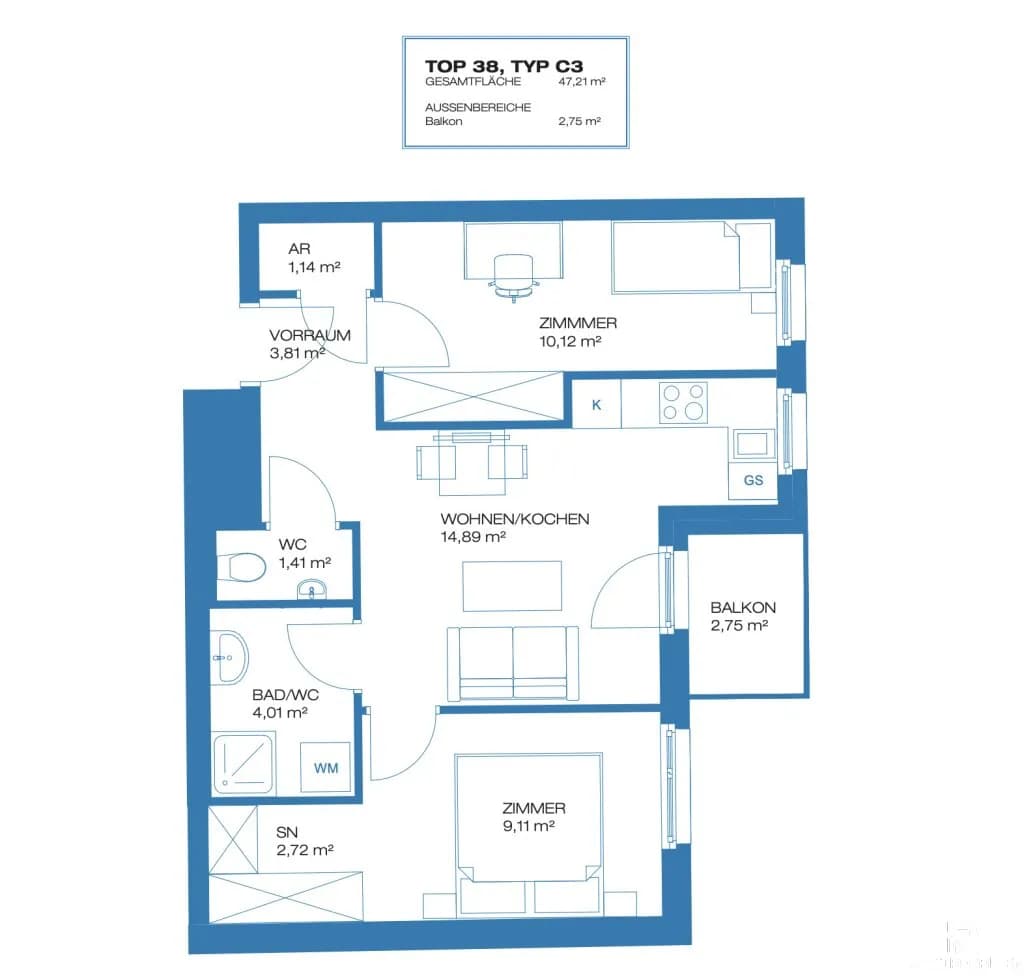 3-Zimmer-Wohnung kaufen in Wien – 47,21 m², € 322.000 – Bild 9 von 9