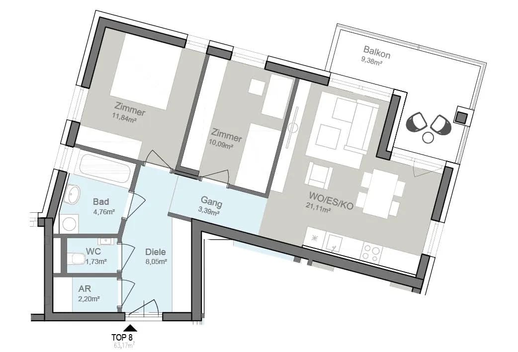 3-Zimmer-Wohnung mieten in Graz – 64,69 m², € 915 – Bild 2 von 11