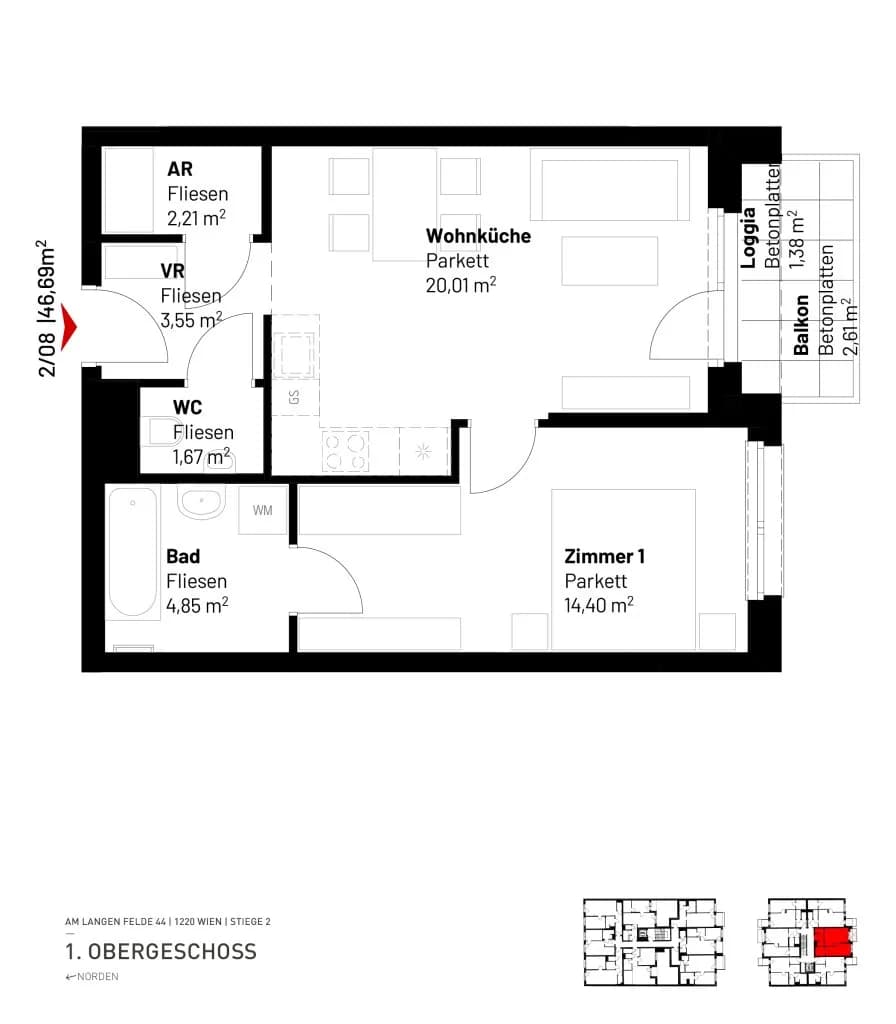 2-Zimmer-Wohnung mieten in Wien – 46,69 m², € 979