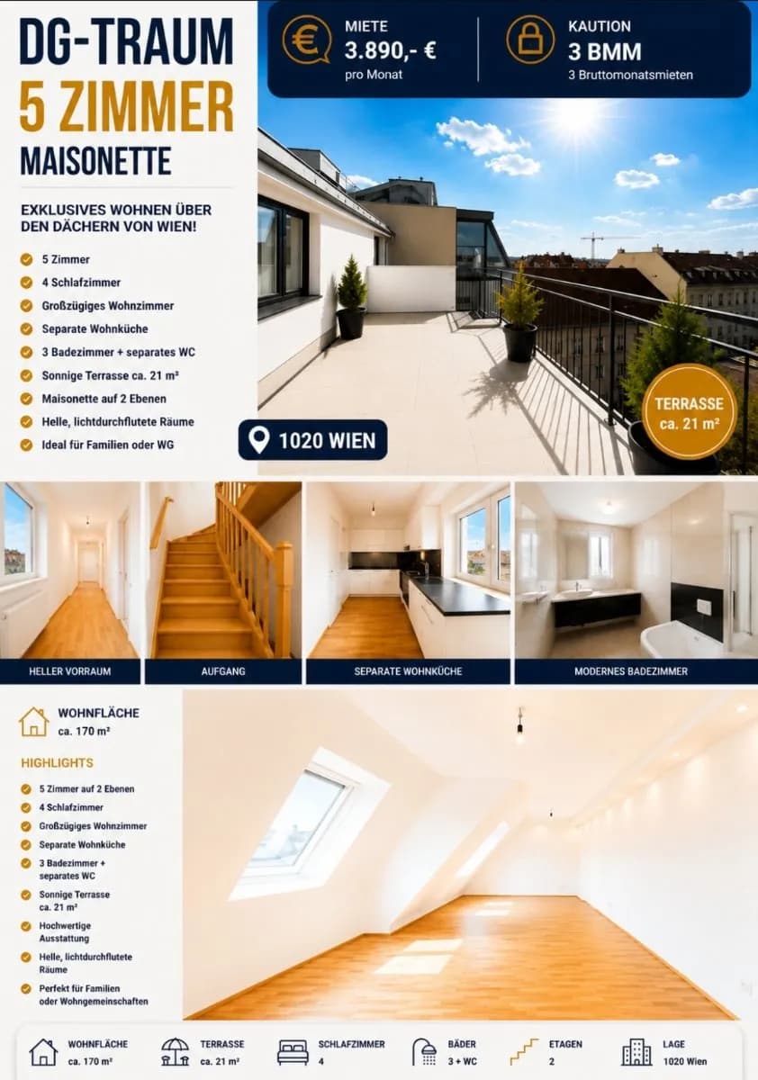 5-Zimmer-Wohnung mieten in Wien – 170 m², € 3.890