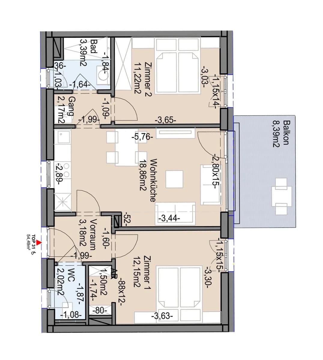 3-Zimmer-Wohnung mieten in Graz – 54,49 m², € 809