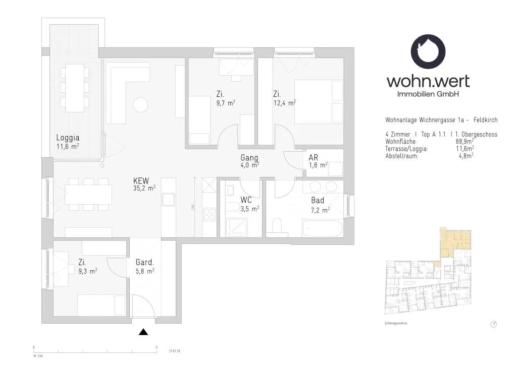 4-Zimmer-Wohnung mieten in Feldkirch – 88,9 m², € 1.937 – Bild 5 von 6