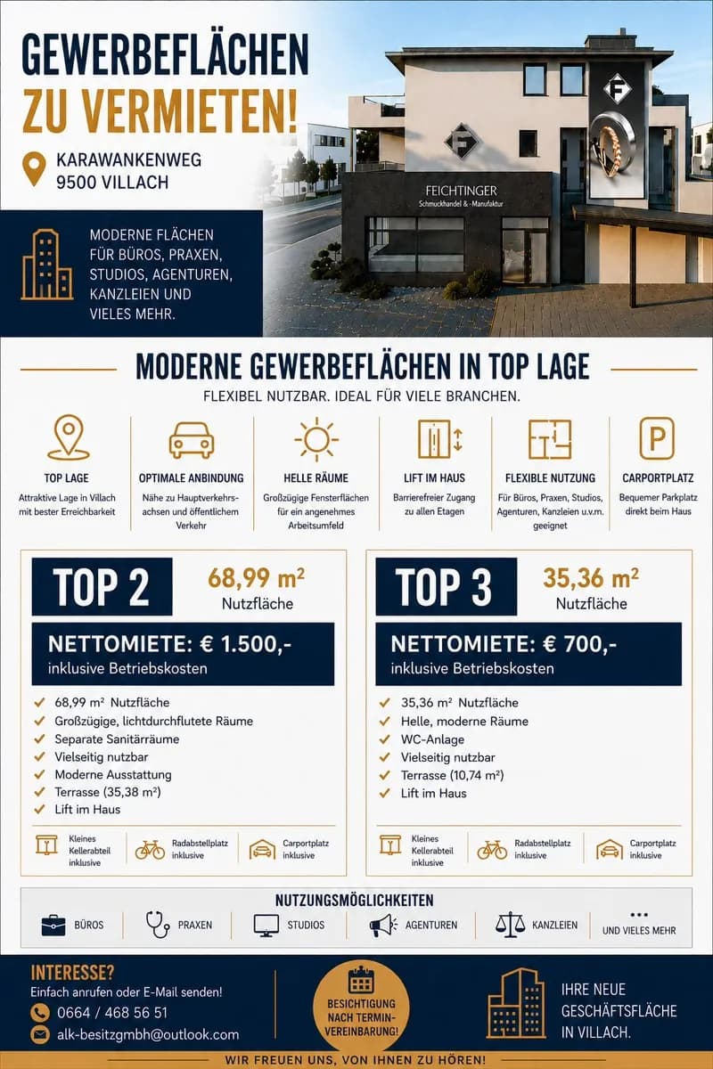 3-Zimmer-Gewerbeimmobilie mieten in Villach – 70 m², € 1.500