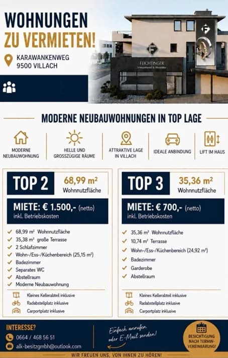 3-Zimmer-Wohnung mieten in Villach – 70 m², € 1.500