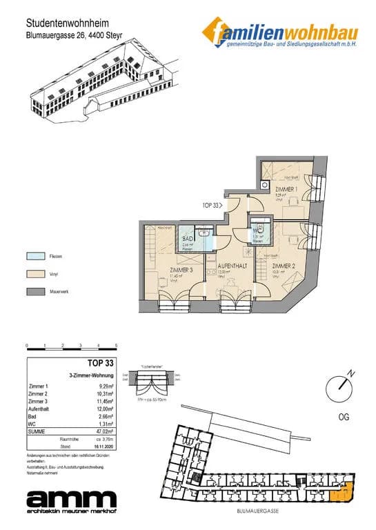 1-Zimmer-Wohnung mieten in Steyr – 10,31 m², € 452