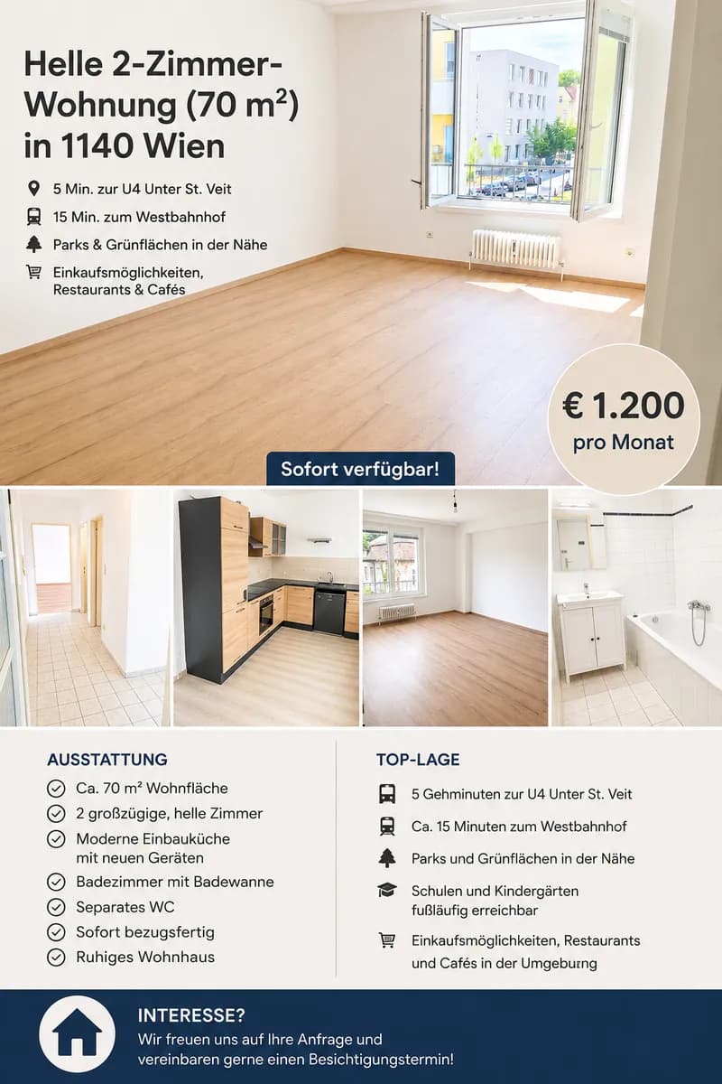 2-Zimmer-Wohnung mieten in Wien – 70 m², € 1.100 – Bild 1 von 7