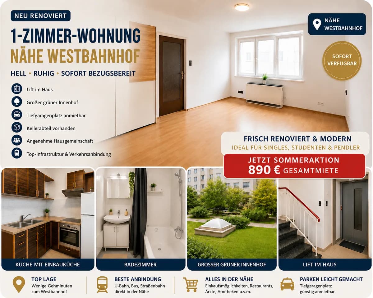 1-Zimmer-Wohnung mieten in Wien – 37 m², € 890