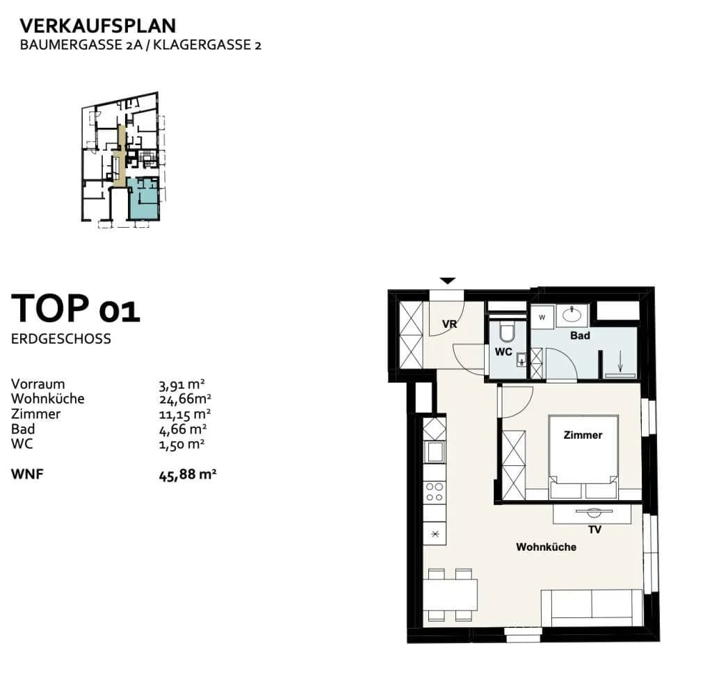 2-Zimmer-Wohnung kaufen in Wien – 45,88 m², € 249.000 – Bild 12 von 12