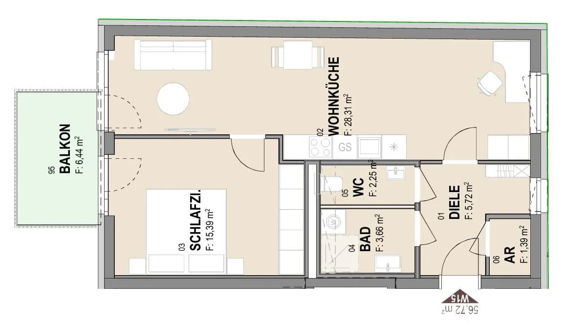 2-Zimmer-Wohnung mieten in Graz – 56,72 m², € 832