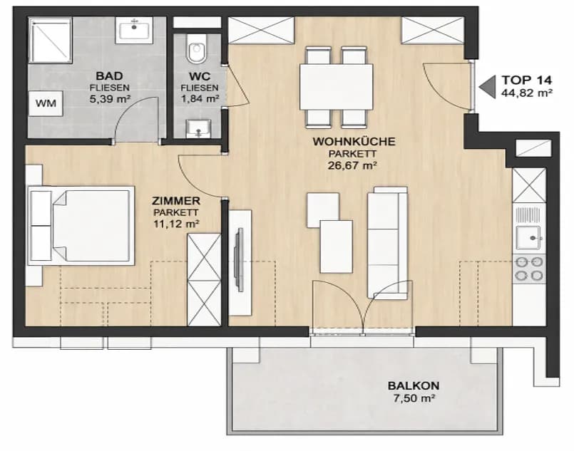 2-Zimmer-Wohnung mieten in Wien – 45 m², € 1.140