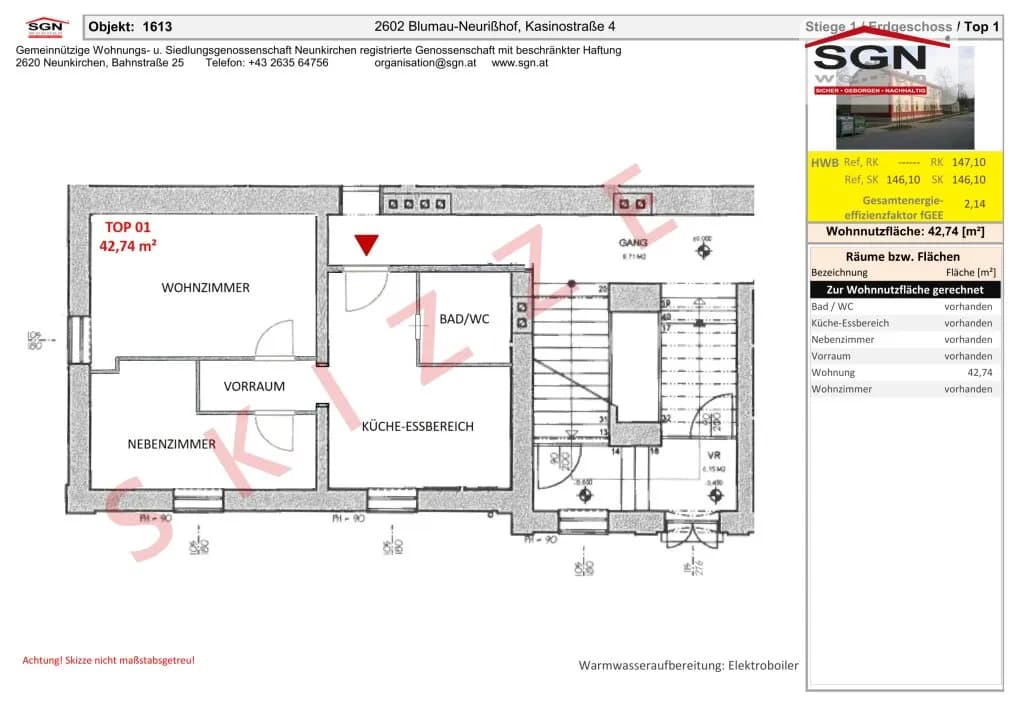 2-Zimmer-Wohnung mieten in Baden – 42,74 m², € 438 – Bild 2 von 2