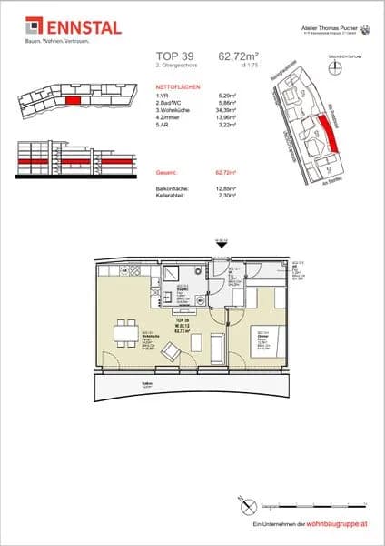 2-Zimmer-Wohnung mieten in Graz – 62,72 m², € 883 – Bild 3 von 3