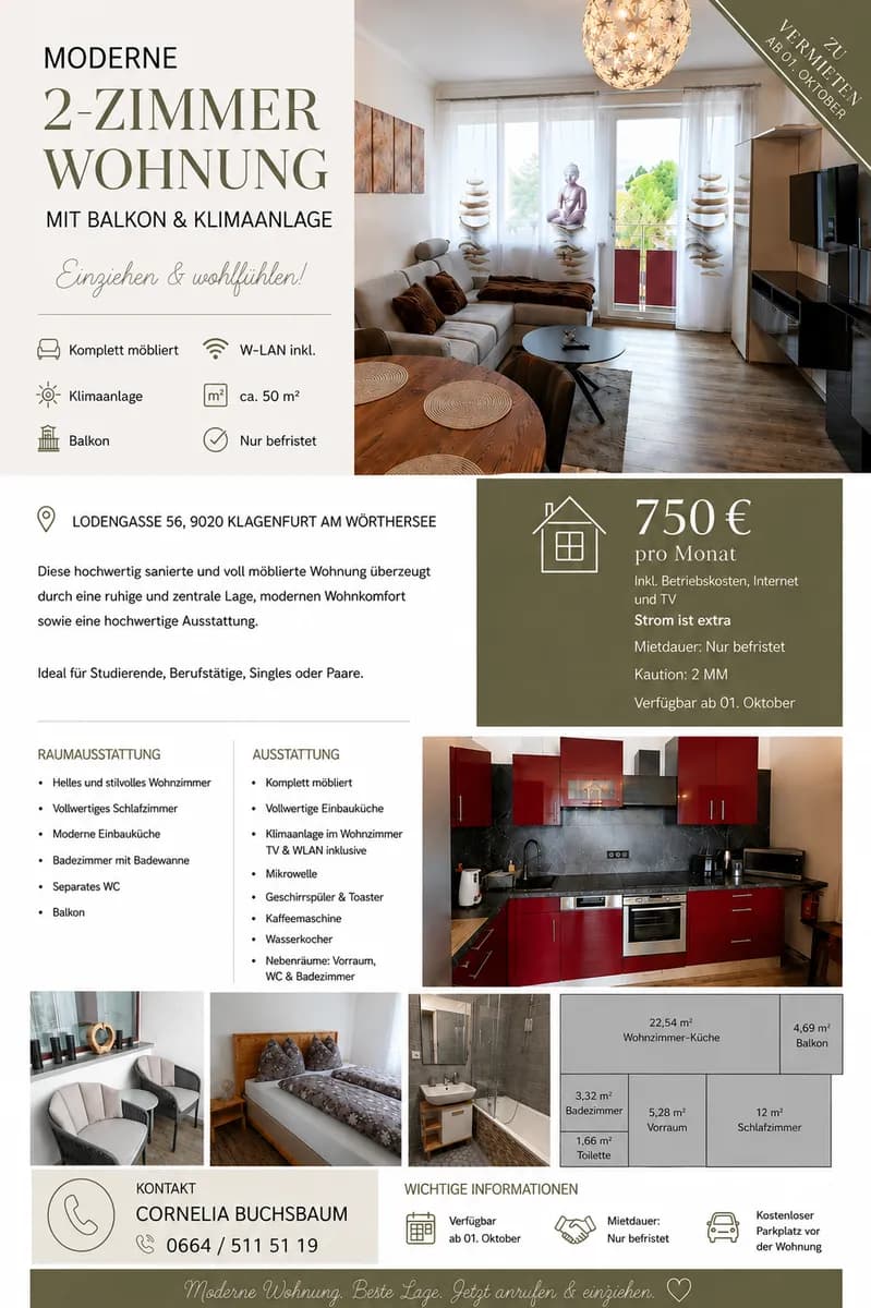 2-Zimmer-Wohnung mieten in Klagenfurt – 45 m², € 750