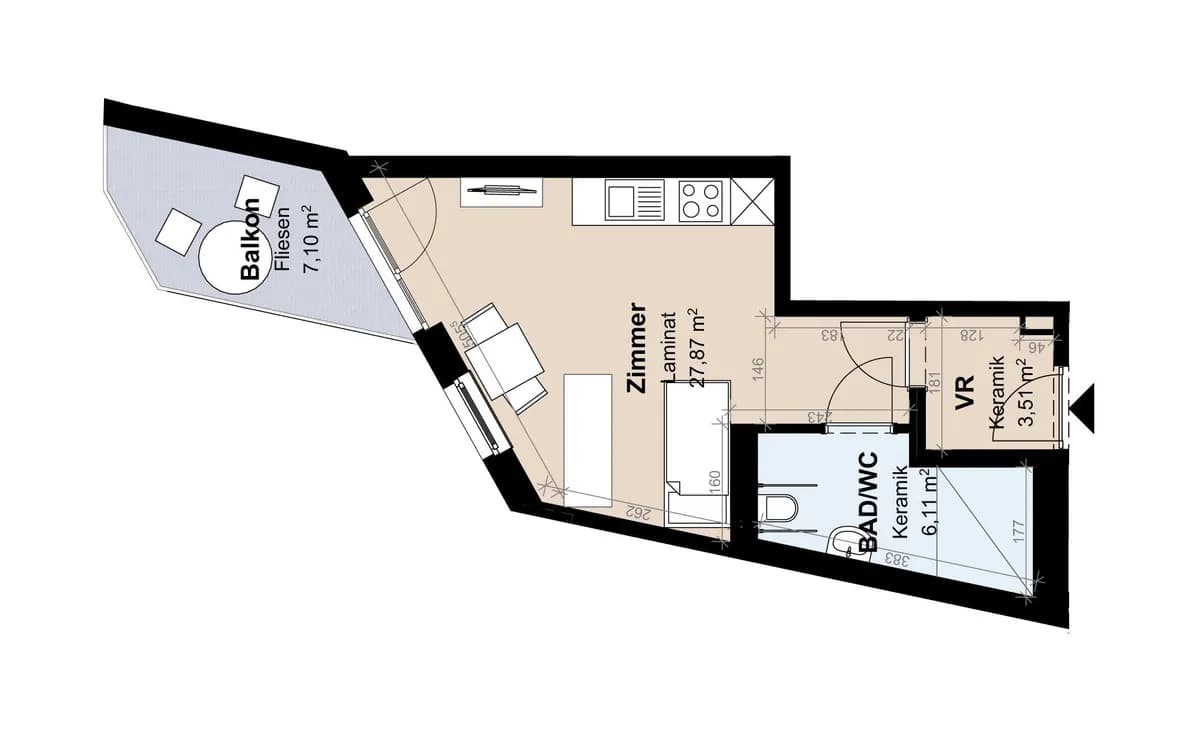 1-Zimmer-Wohnung mieten in Graz – 37,49 m², € 562