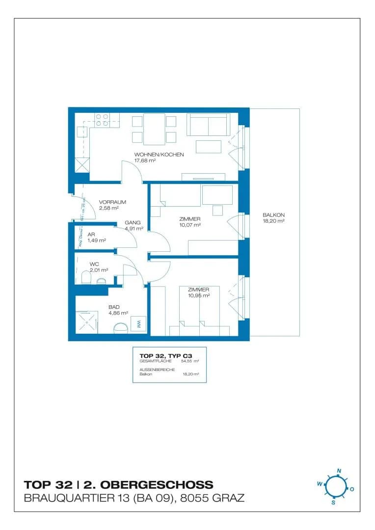 3-Zimmer-Wohnung mieten in Graz – 54,42 m², € 1.022 – Bild 14 von 14