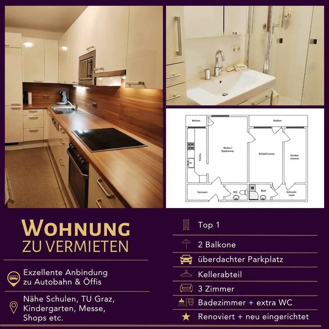 3-Zimmer-Wohnung mieten in Graz – 80 m², € 1.351
