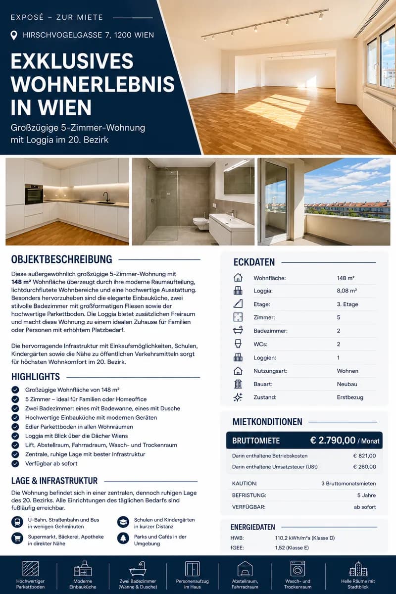 5-Zimmer-Wohnung mieten in Wien – 148 m², € 2.790