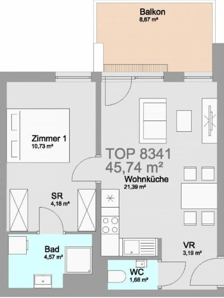 2-Zimmer-Wohnung mieten in Wien – 46 m², € 1.000 – Bild 10 von 10