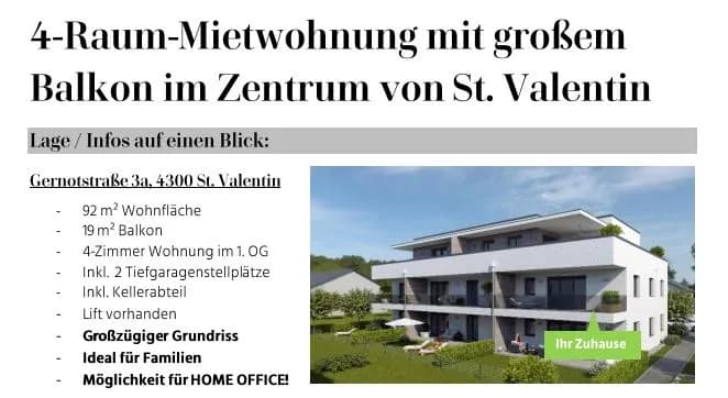 4-Zimmer-Wohnung mieten in Amstetten – 92 m², € 1.150