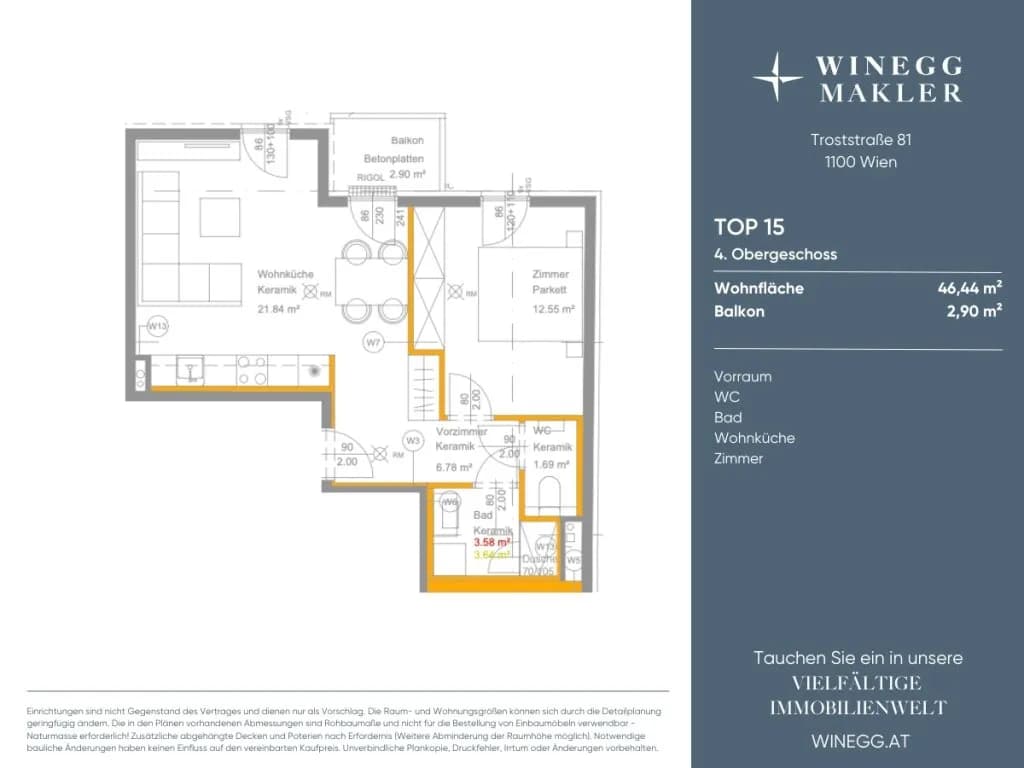 2-Zimmer-Wohnung mieten in Wien – 46,44 m², € 1.119 – Bild 11 von 11