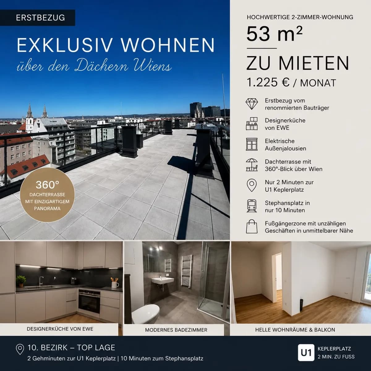 2-Zimmer-Wohnung mieten in Wien – 53 m², € 1.225