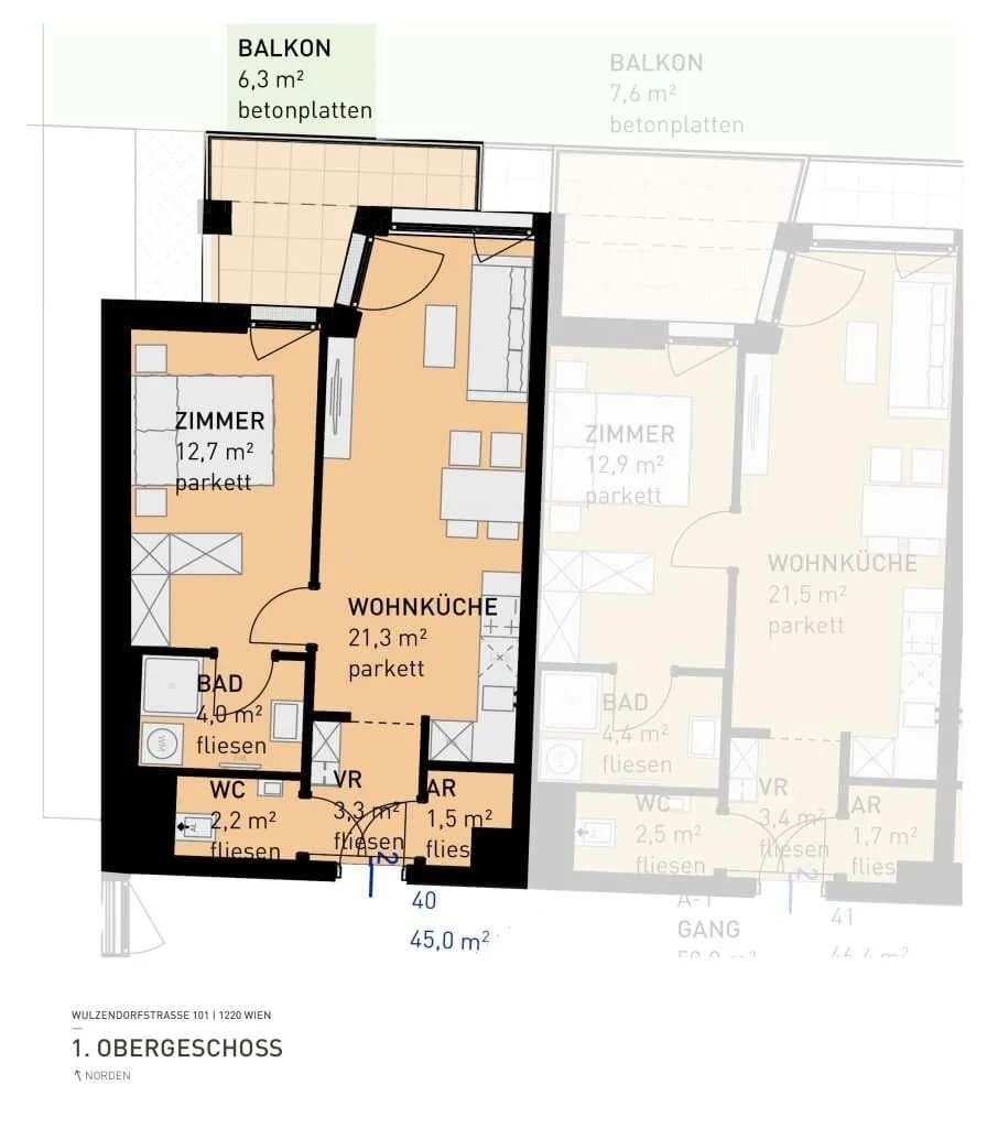2-Zimmer-Wohnung kaufen in Wien – 44,4 m², € 299.500 – Bild 6 von 6