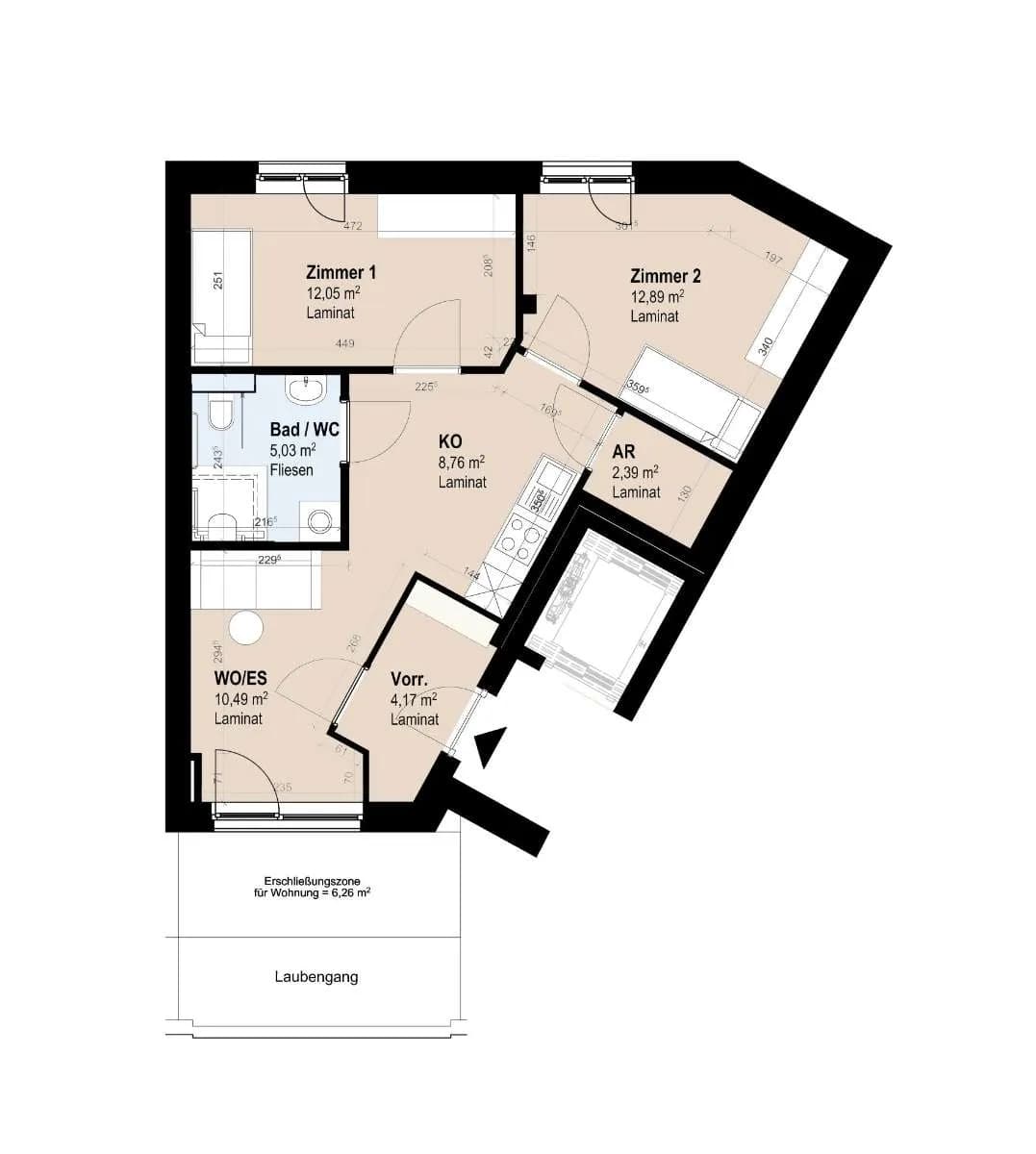 3-Zimmer-Wohnung mieten in Graz – 55,78 m², € 855