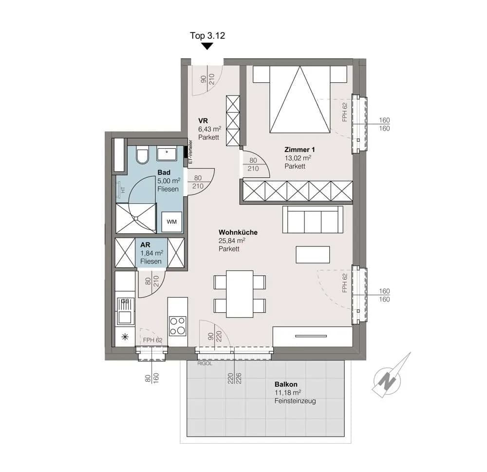 2-Zimmer-Wohnung kaufen in Linz – 51,52 m², € 314.000 – Bild 4 von 4