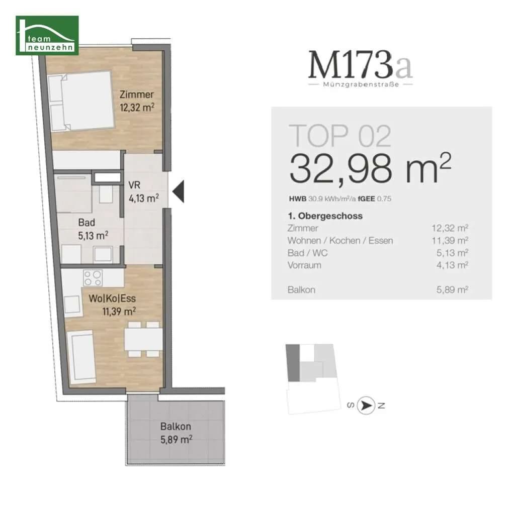 2-Zimmer-Wohnung kaufen in Graz – 32,34 m², € 189.081 – Bild 4 von 4