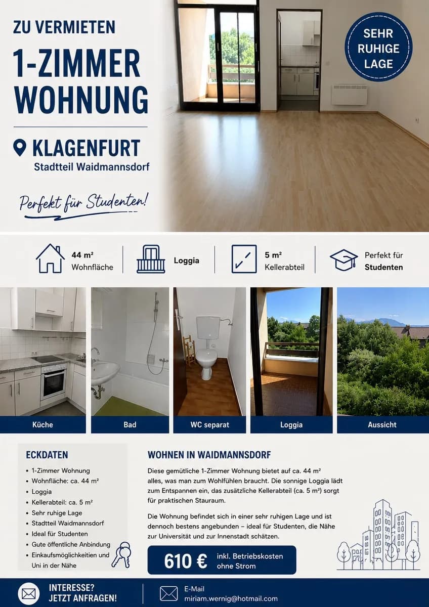 1-Zimmer-Wohnung mieten in Klagenfurt – 44 m², € 610 – Bild 1 von 6