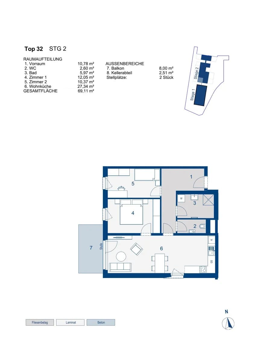 3-Zimmer-Wohnung mieten in Mödling – 69,11 m², € 825 – Bild 2 von 2