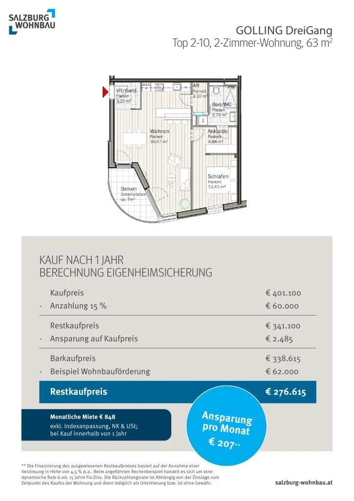2-Zimmer-Wohnung kaufen in Hallein – 63 m², € 401.100 – Bild 3 von 9