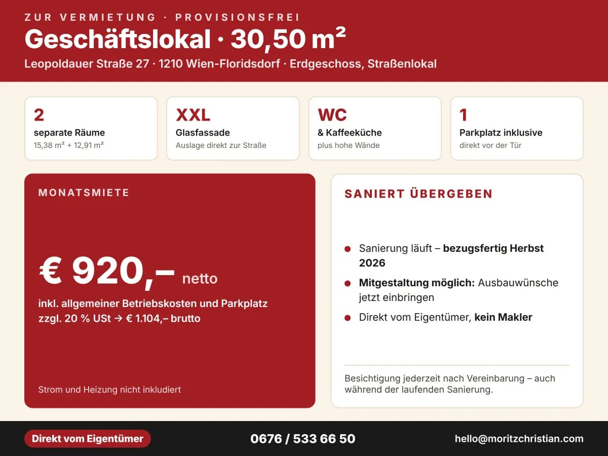 2-Zimmer-Gewerbeimmobilie mieten in Wien – 30 m², € 1.104