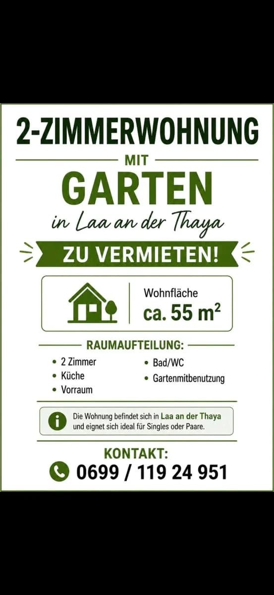2-Zimmer-Immobilie mieten in Mistelbach – 55 m², € 550